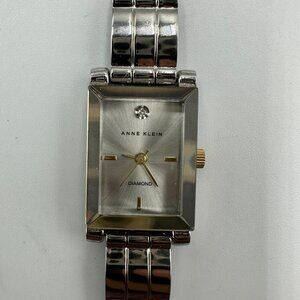 3Anne Klein Diamond Watch Women Silver Tone 16MM Rectangle Case 6.5" Working
